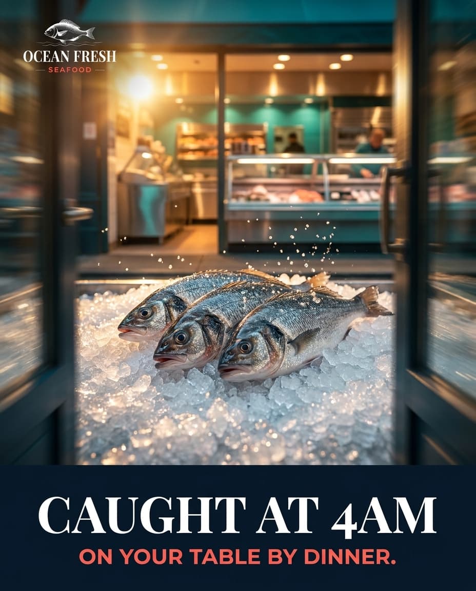 Ocean Fresh Seafood carousel slide generated from its brand kit