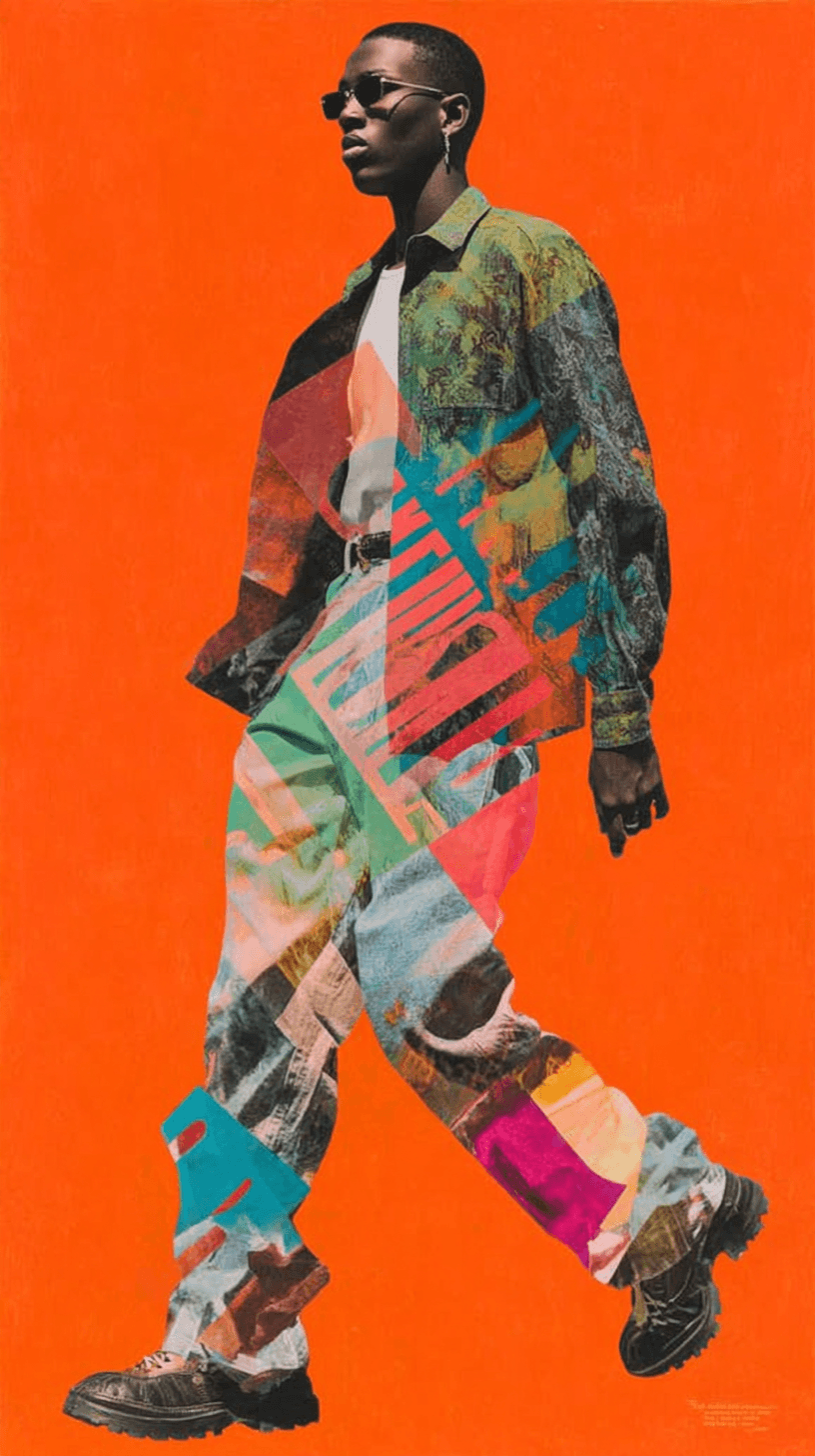 fashion editorial poster of a stylish man walking confidently, modern streetwear outfit with layered textures and patterns, vibrant collage overlays with geometric shapes, bright orange background, bold graphic composition, retro-futurist aesthetic, art direction similar to fashion magazine covers, mix of photography and digital painting, cinematic lighting, high contrast, minimal yet striking layout, vivid color palette