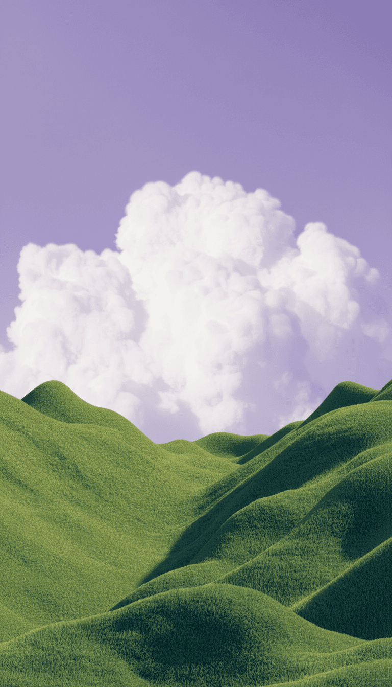 surreal minimal 3D landscape of smooth green grassy hills under a soft pastel purple sky, large fluffy cumulus clouds rising in the background, cinematic composition, soft global illumination, stylized lighting, clean gradients, rendered in octane, high detail, minimal color palette, dreamy and calm atmosphere, photorealistic yet slightly stylized