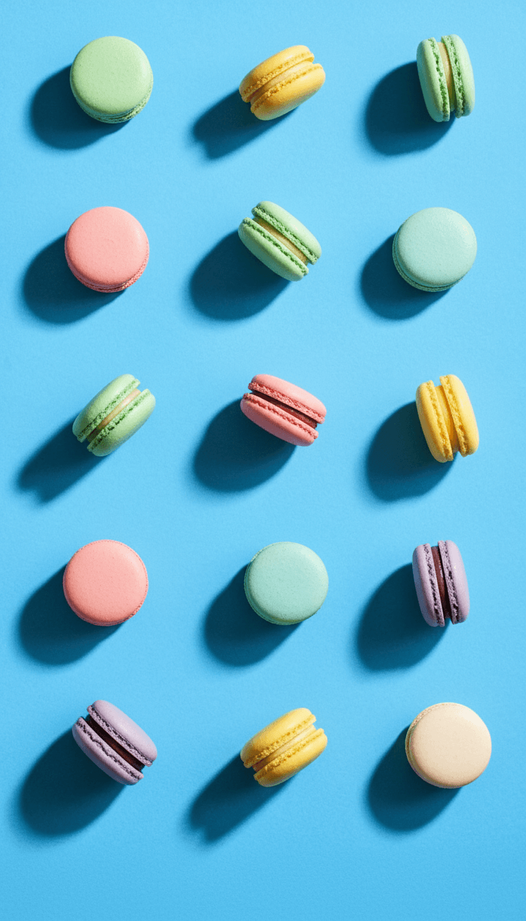 minimal food photography of colorful macarons scattered on a bright blue background, top-down flat lay composition, vibrant pastel colors, soft natural light with sharp shadows, high contrast, clean modern aesthetic, professional studio lighting, crisp focus, visually satisfying arrangement, vivid yet minimal color palette